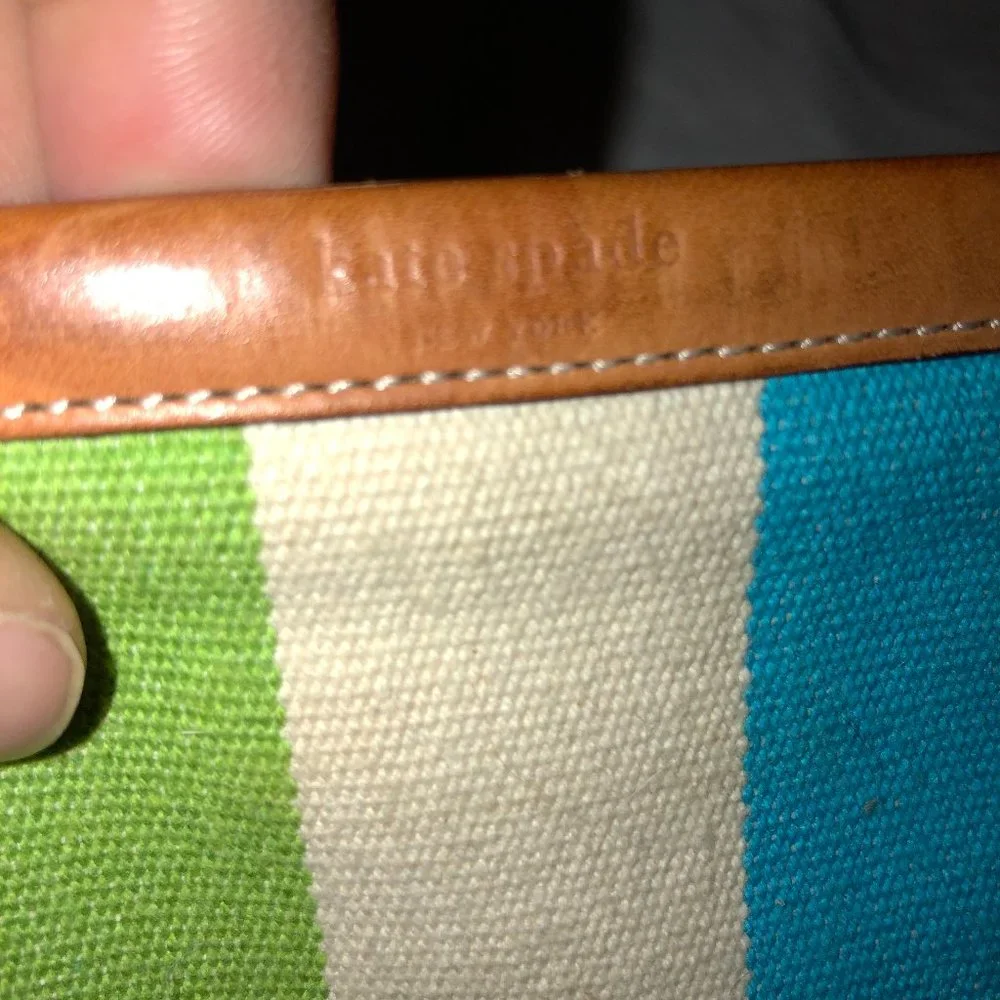Kate Spade blue green Beach Ball stripe Leather trim zipper pouch bag 8x…